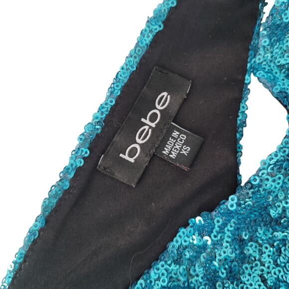 Y2k Bebe Turquoise Shimmer Blink Party Dress sparkle XS sexy Bodycon - Picture 4 of 13
